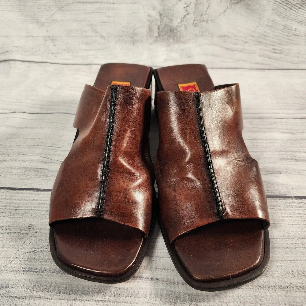 Cole Haan Studio Women's Size 6 Brown Leather Slide Sandals Block Heel Square